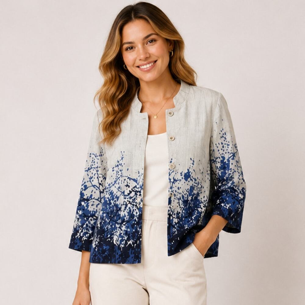 Coldwater Creek 100% Linen Lightweight Button-Up Jacket Women's Size 14 Coastal